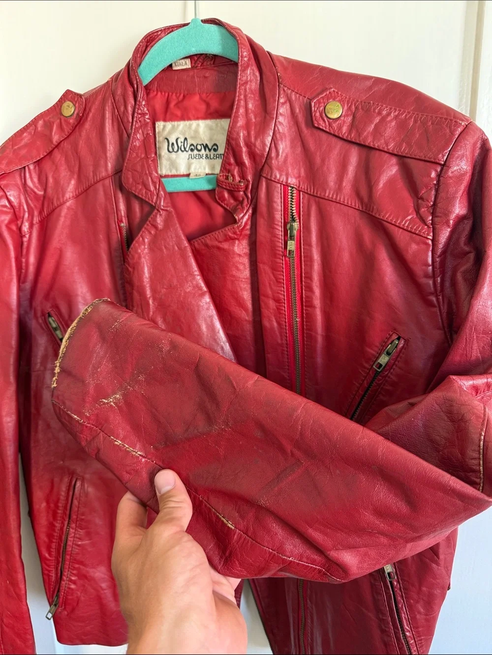 Vintage Wilsons Red Leather Moto Biker Jacket Size 42
